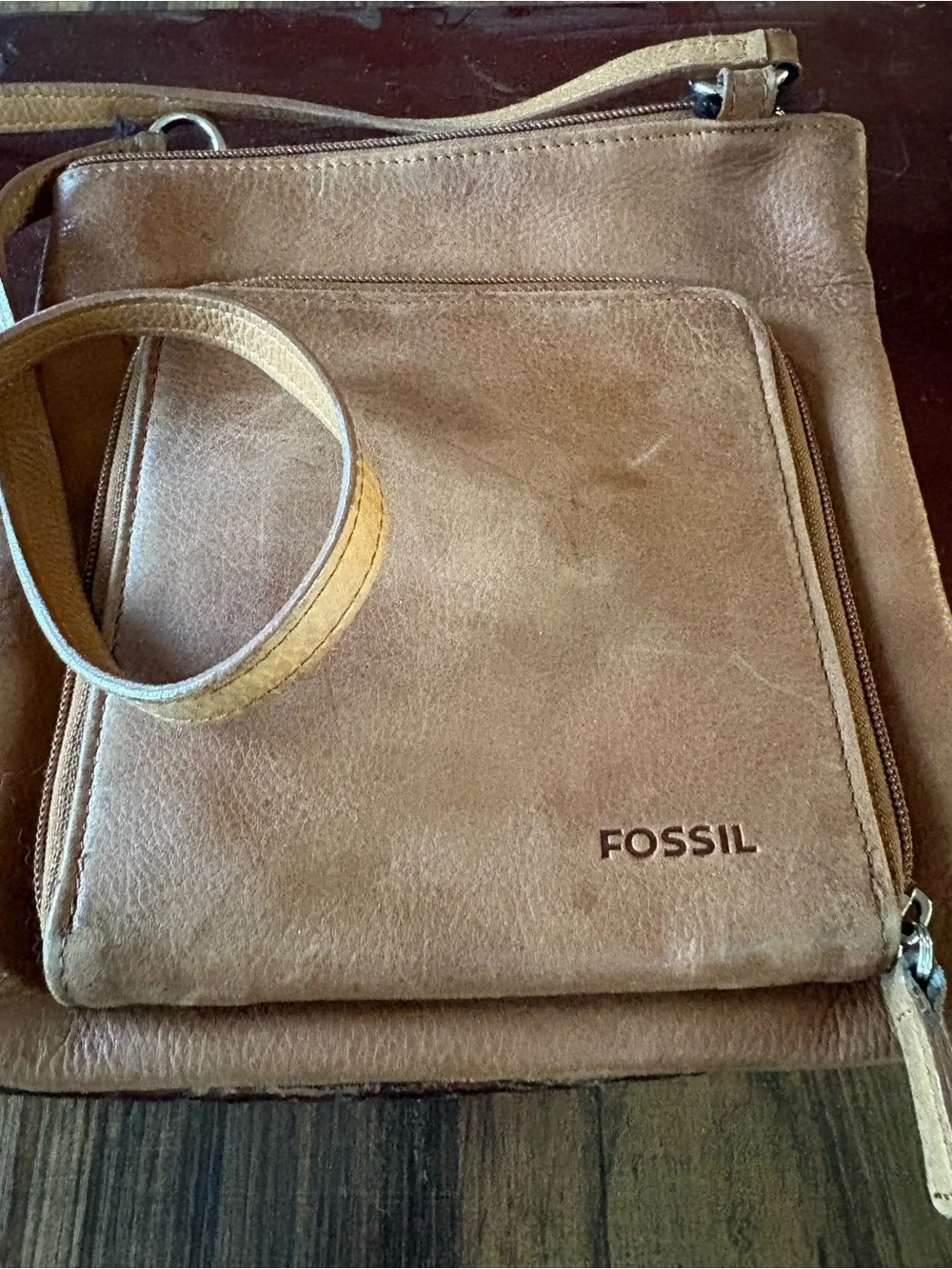 Fossil Tan Leather Messenger Crossbody Bag